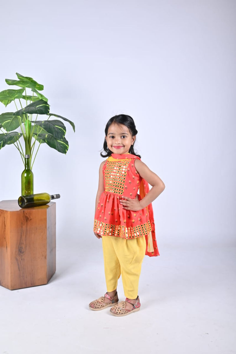 Red Flower Printed Mirrow Work Peplum Top With Dhoti Pant Set