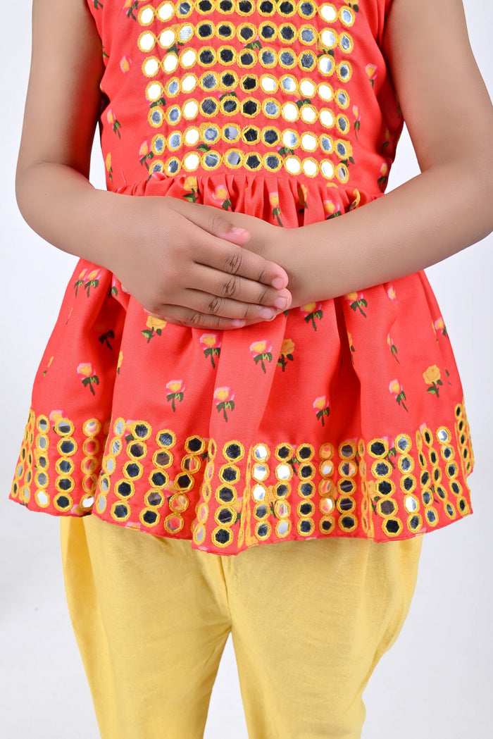 Red Flower Printed Mirrow Work Peplum Top With Dhoti Pant Set