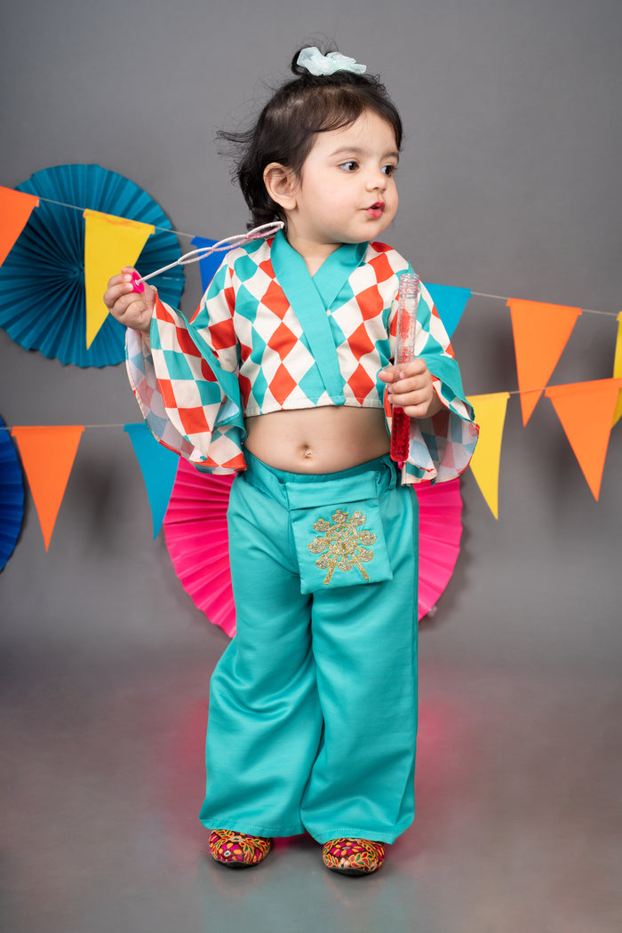 CARNIVAL DIAMONDS PRINTED TOP WITH GREEN PLAZO SET