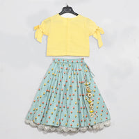 Yellow/Aqua Green Embroidered Blouse With Printed Ghaghra