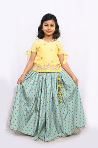 Yellow/Aqua Green Embroidered Blouse With Printed Ghaghra