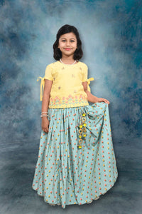 Yellow/Aqua Green Embroidered Blouse With Printed Ghaghra