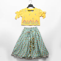 Yellow/Aqua Green Embroidered Blouse With Printed Ghaghra