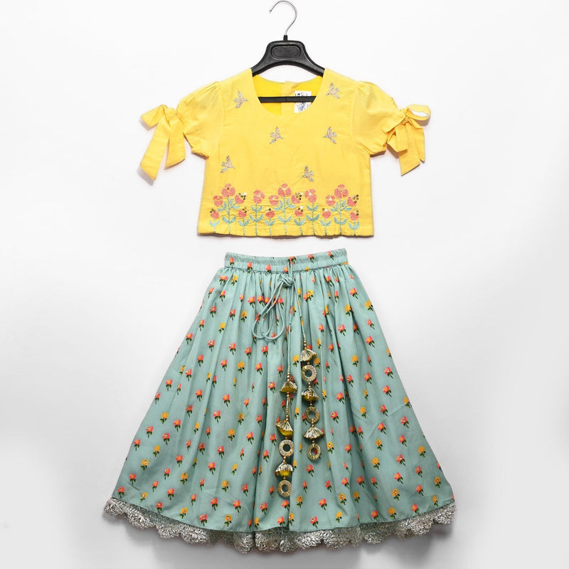 Yellow/Aqua Green Embroidered Blouse With Printed Ghaghra