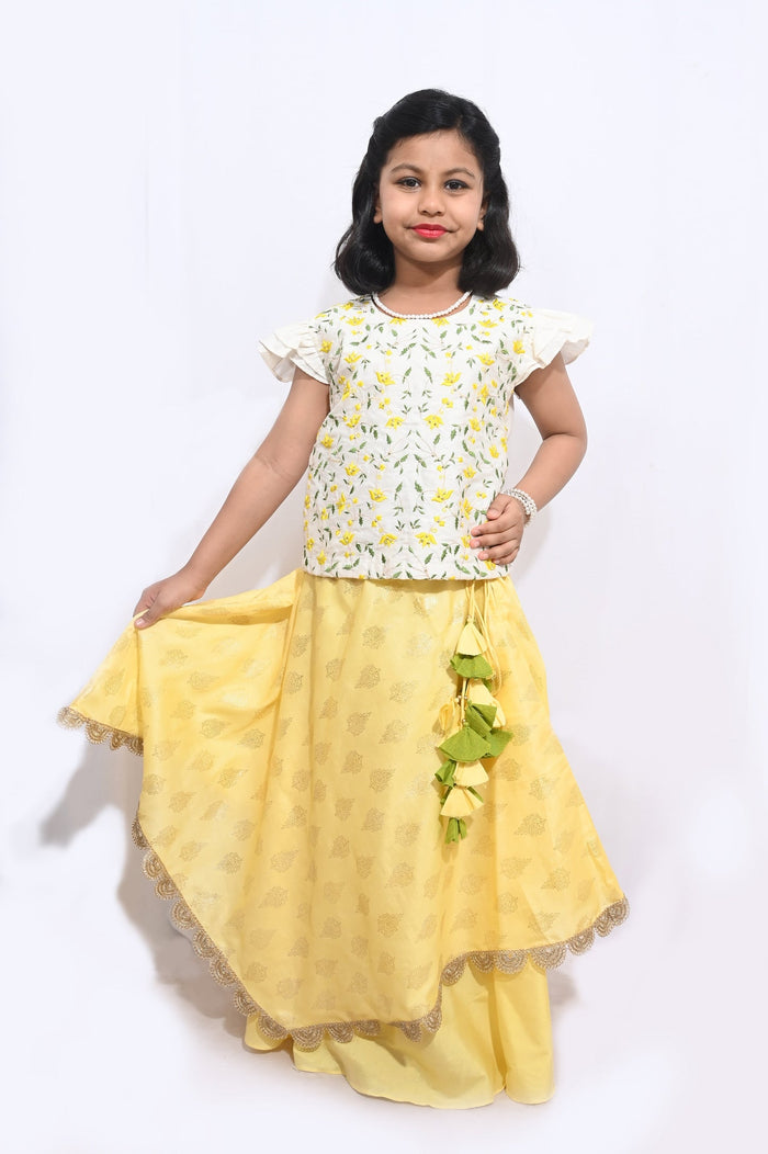 Yellow White Heavy Embroidered Ghaghra
