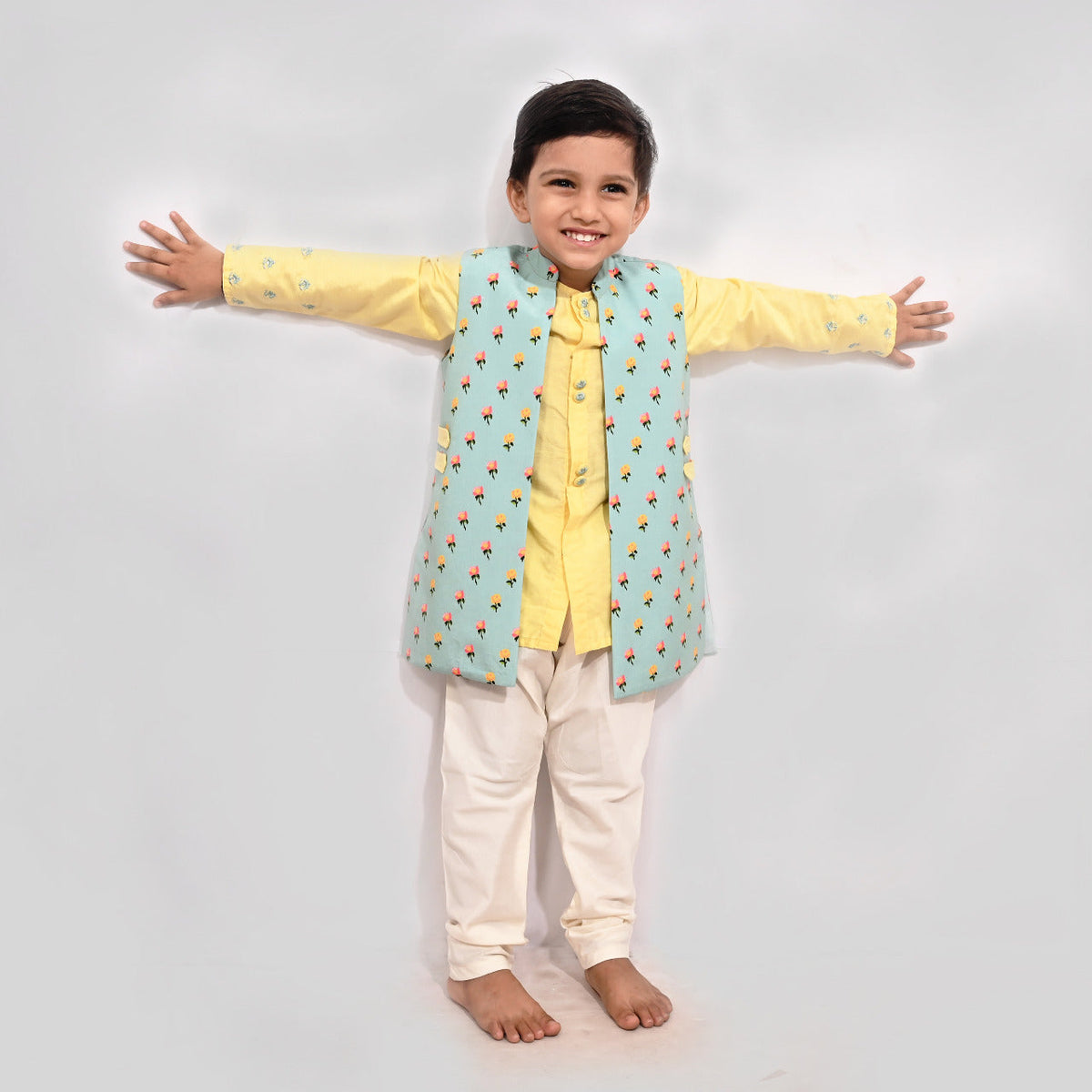Yellow Kurta Collar With Open Nehru Jacket Long Set