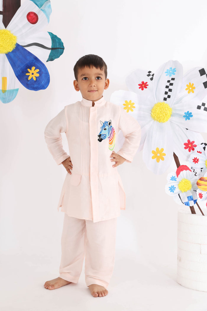 Pink Achkan With Multicolor Zebra Threadwork Embroidered Motif With Pink Pyjama