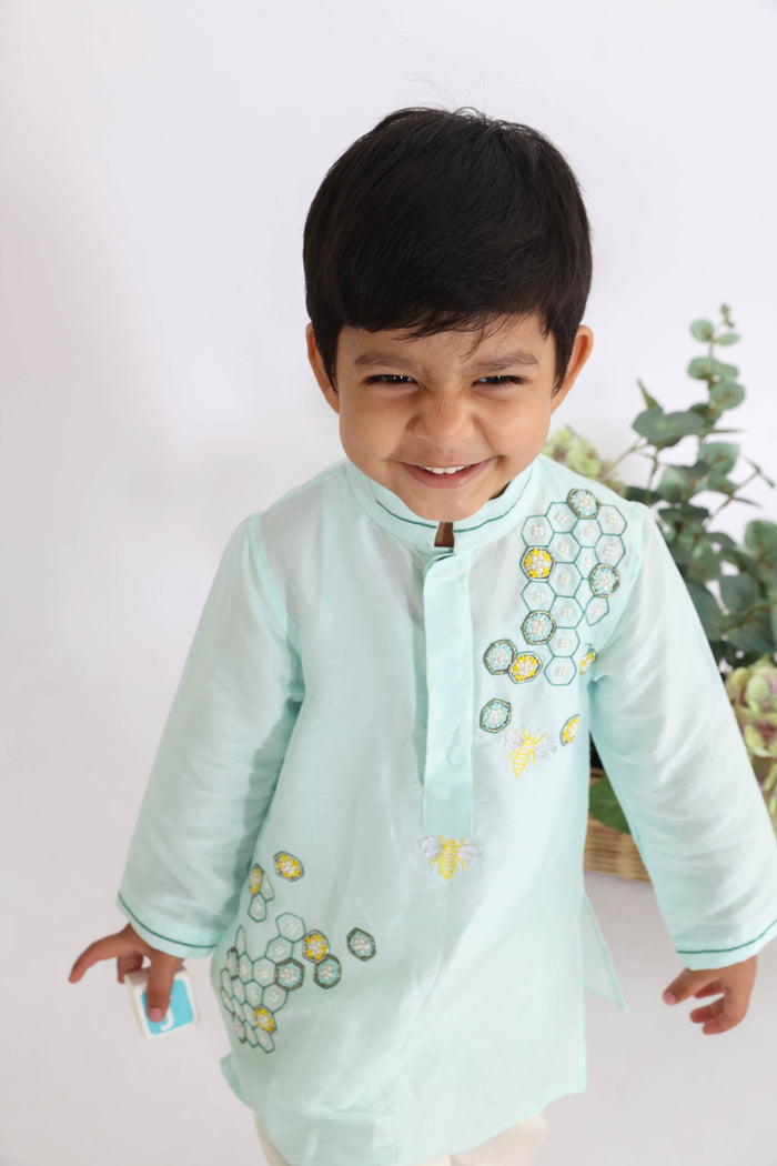 Blue Kurta With Bee Hive Embroidery With Off White Pyjama