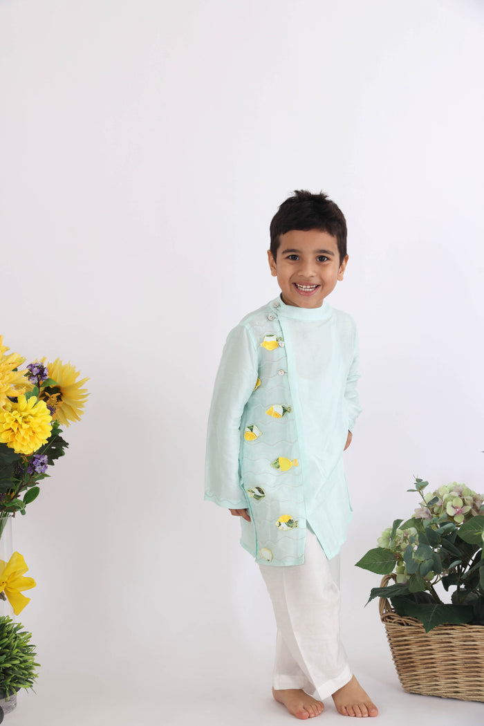 Mint Green Kurta With Embroidered Panel And Cutwork Fish With Side Opening And Pyjama