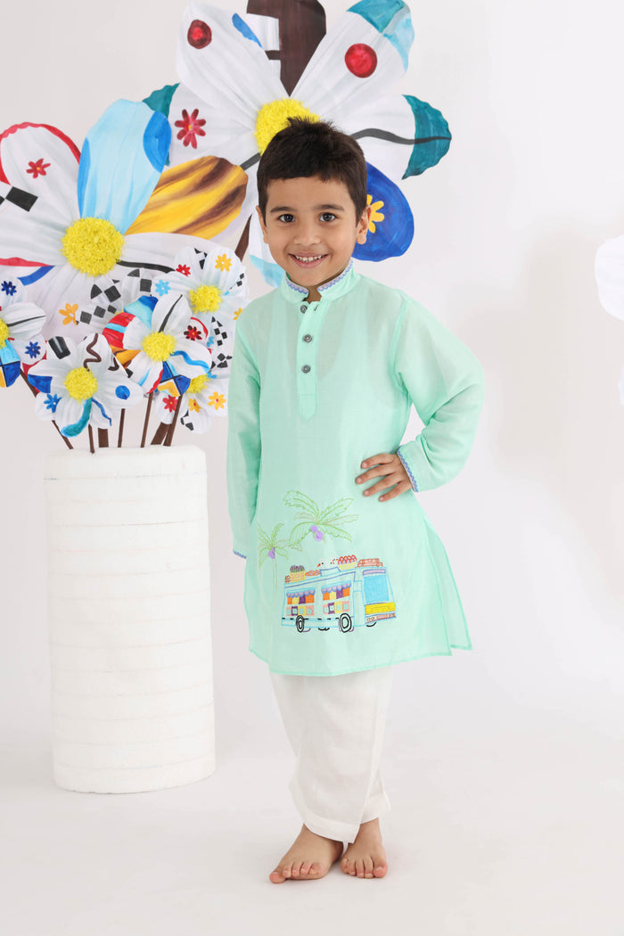 Mint Green Kurta With Embroidered Buses Of India And Pyjama