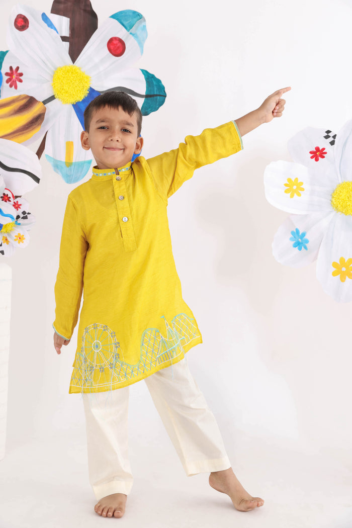 Yellow Kurta With Embroidered Carnival Scene And White Pyjama