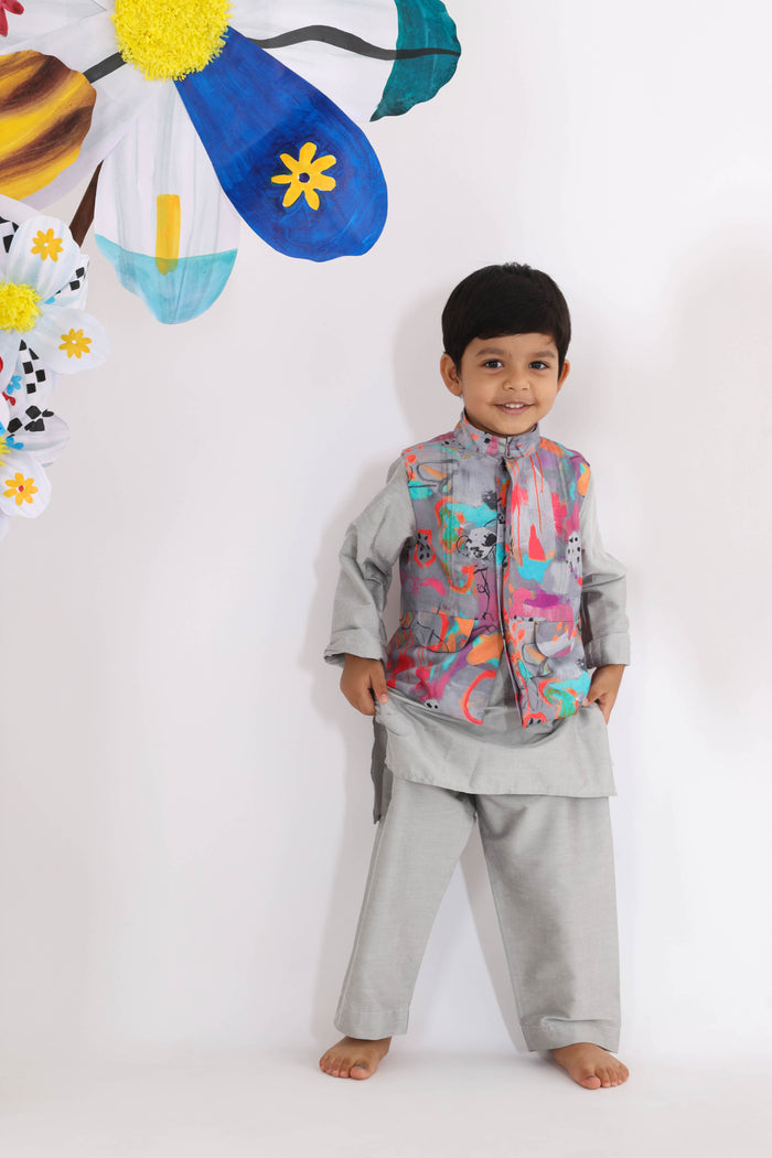 Gray Kurta With Colorful Printed Jacket And Gray Pyjama
