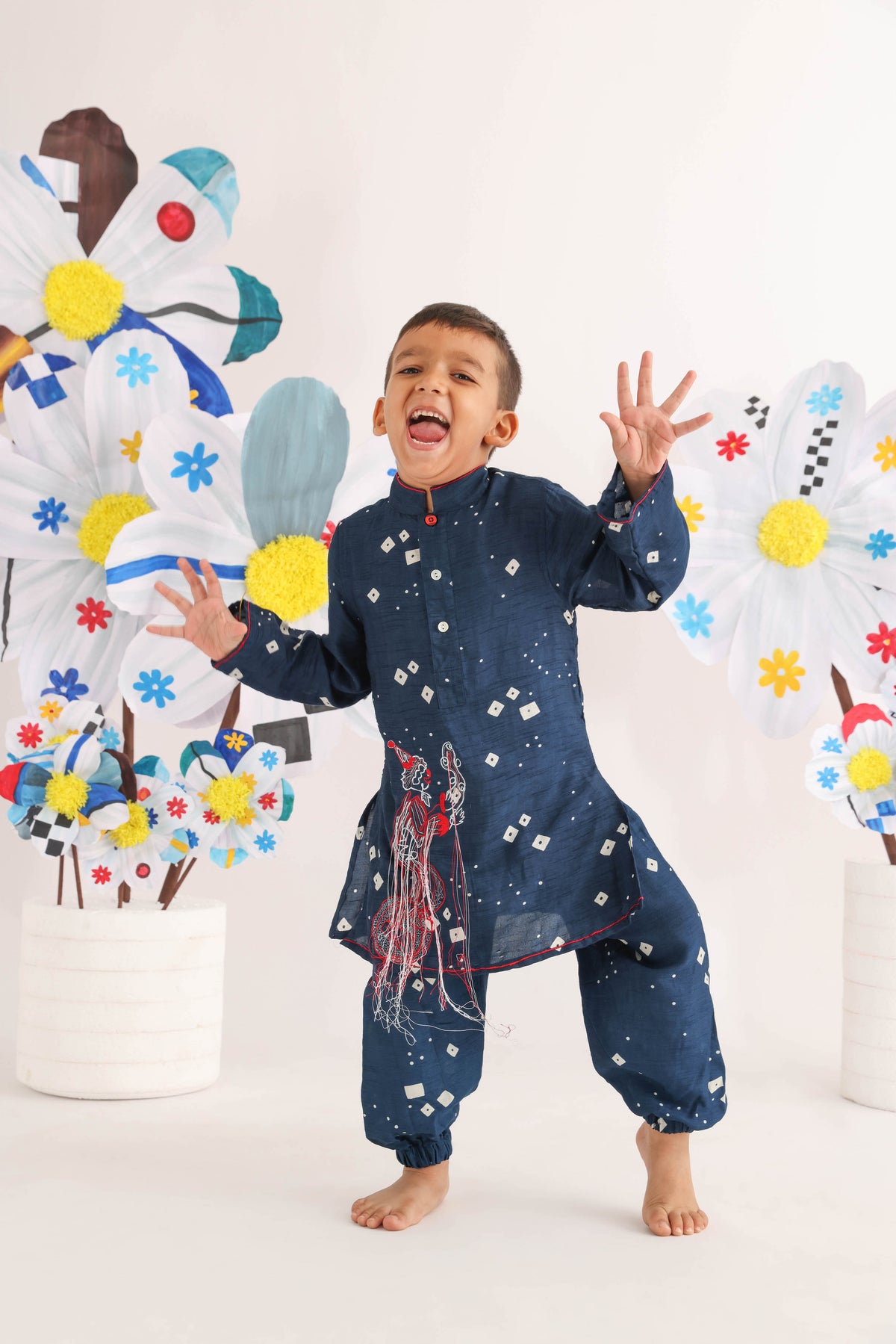 Blue Bandhani Print Silk Kurta With Fun Embroidered Joker And Blue Pyjama