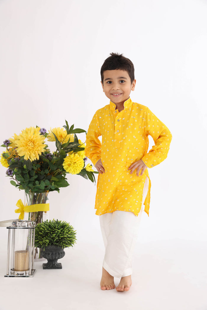 Yellow Silk Bandhani Print Kurta With Sequence Embroidery And White Pyjama