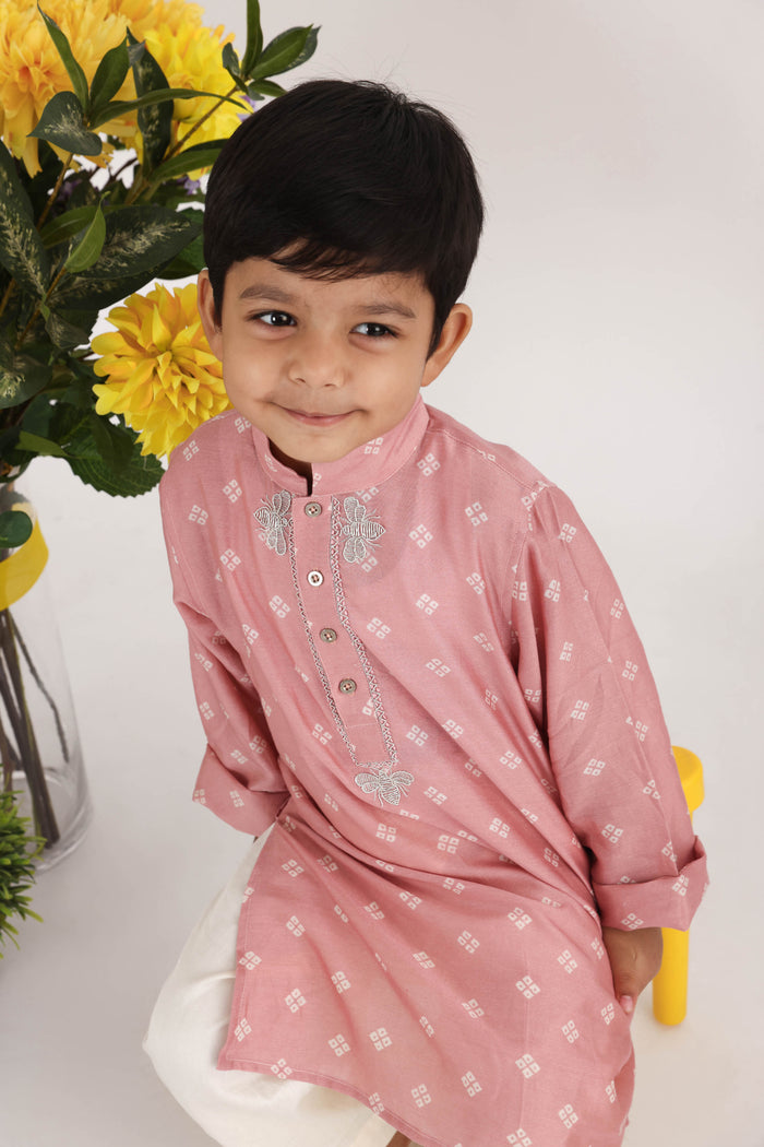 Pink Bandhani Print Silk Kurta With Embroidered Yolk And White Pyjama