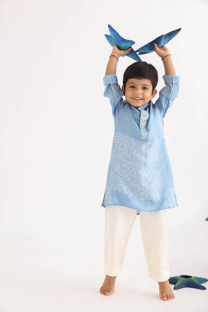 Blue Printed Silk Kurta With Embroidered Collar And Shoulders With White Pyjama