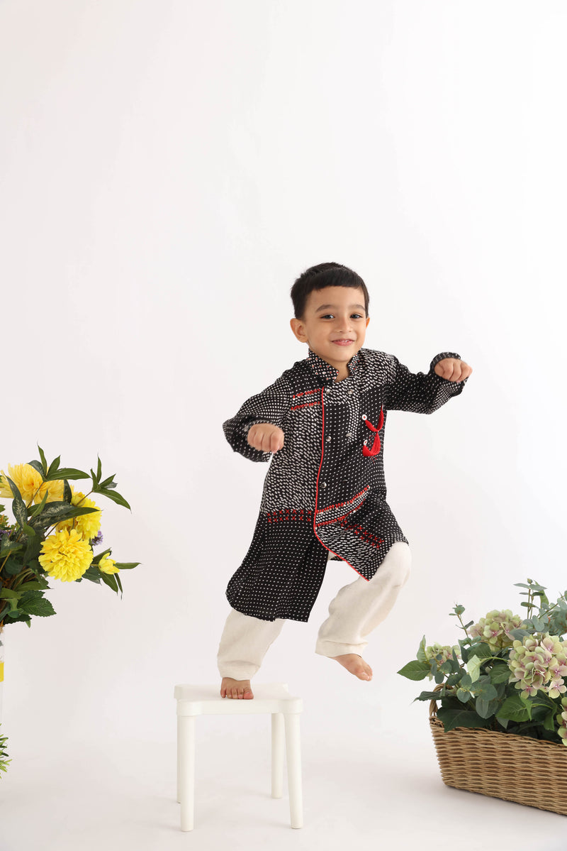 Black Silk High Low Kurta with Embroidery And Badges With White Pyjama