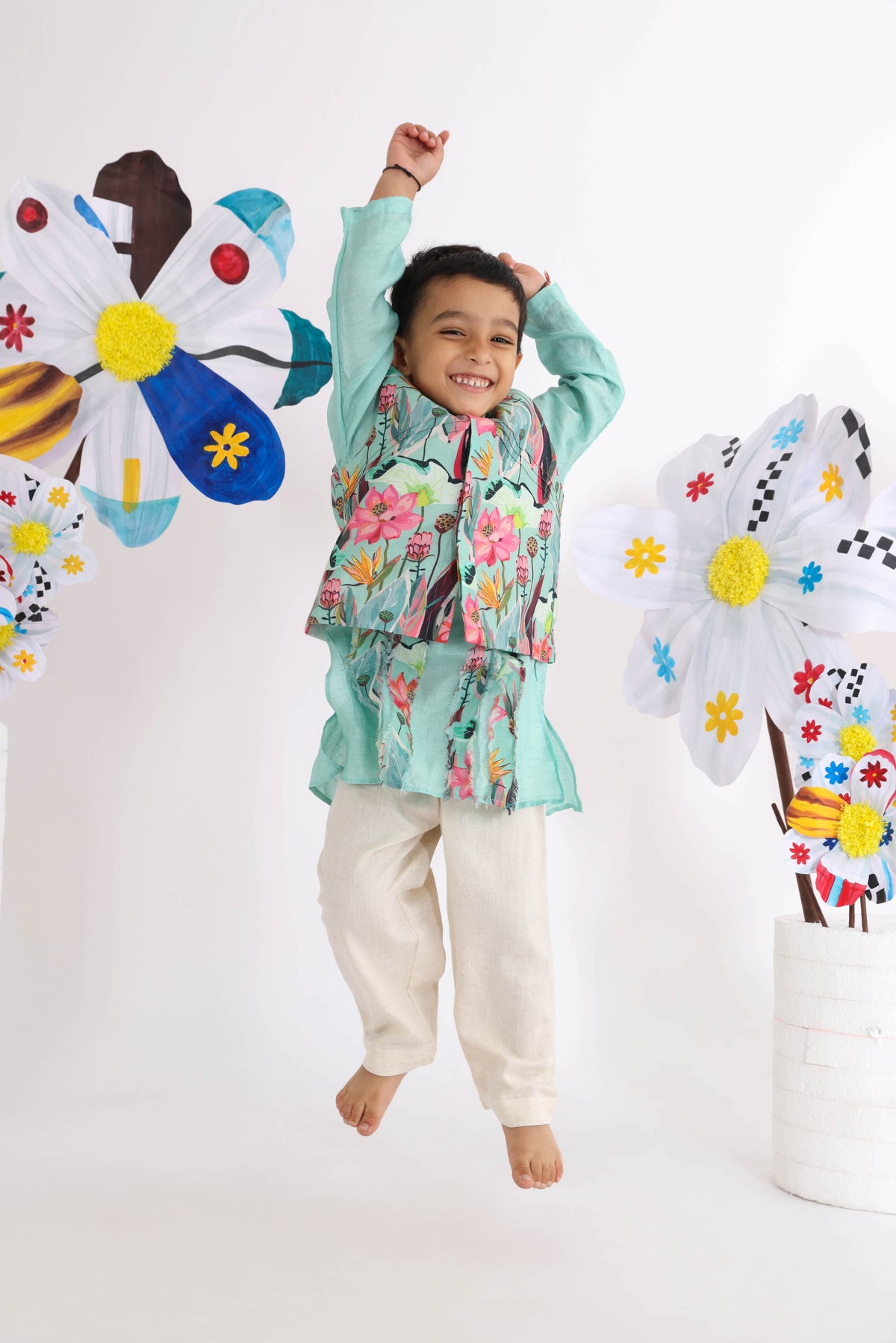 Blue Kurta With Printed Ruffled Panels And White Pyjama With Printed Jacket