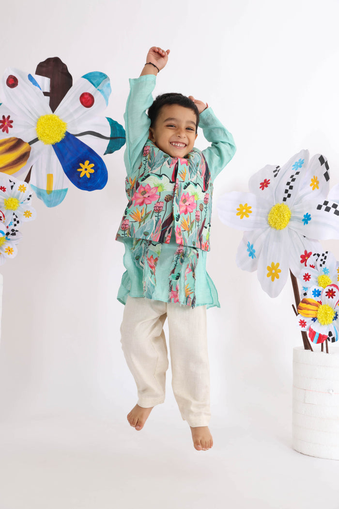 Blue Kurta With Printed Ruffled Panels And White Pyjama With Printed Jacket