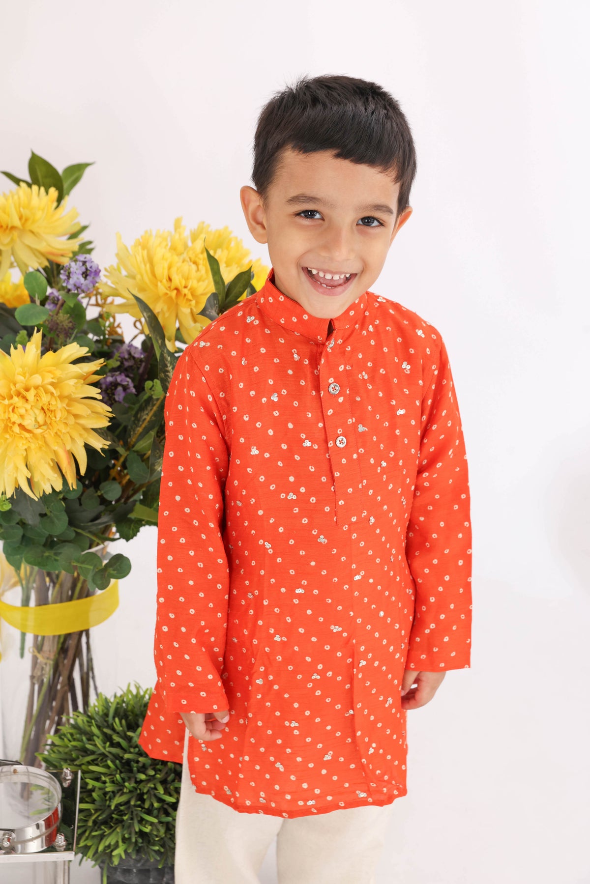Orange Silk Bandhani Print Kurta With Sequence Embroidery And White Pyjama