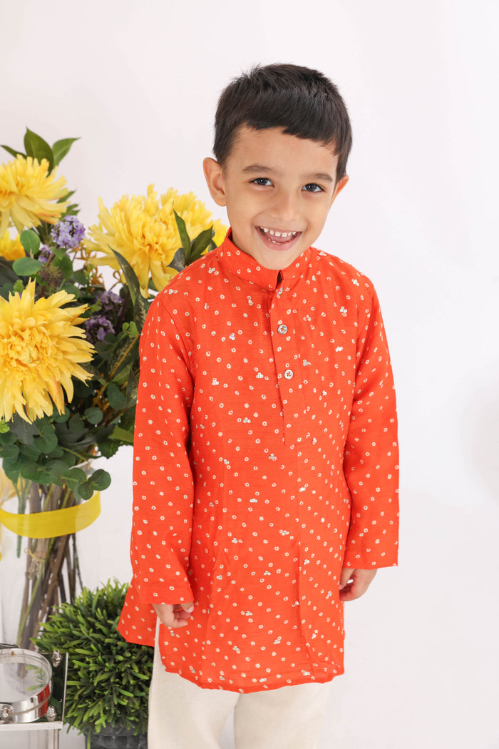 Orange Silk Bandhani Print Kurta With Sequence Embroidery And White Pyjama