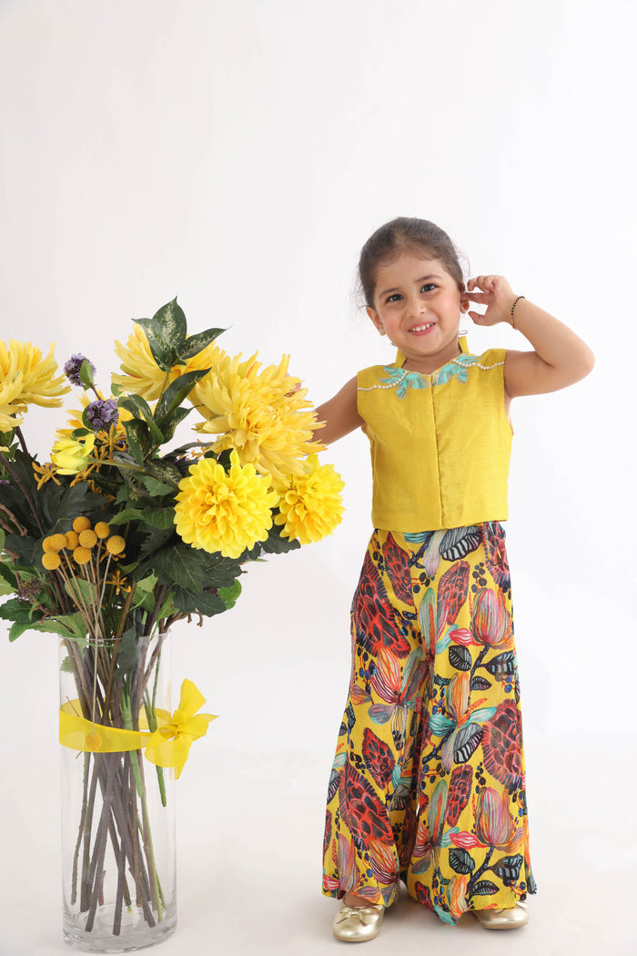 Yellow Silk Top With Hand Embroidered Dragonfly With Printed Chiffon Palazzo