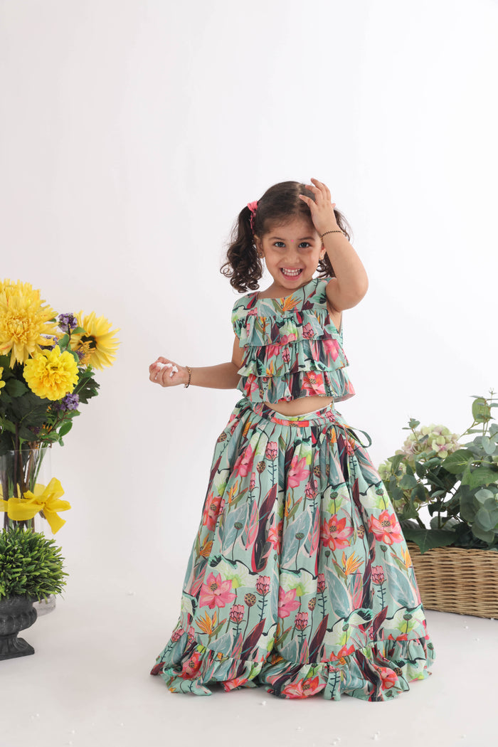 Blue Floral Top In Layered Frills With Lehenga In Printed Muslin