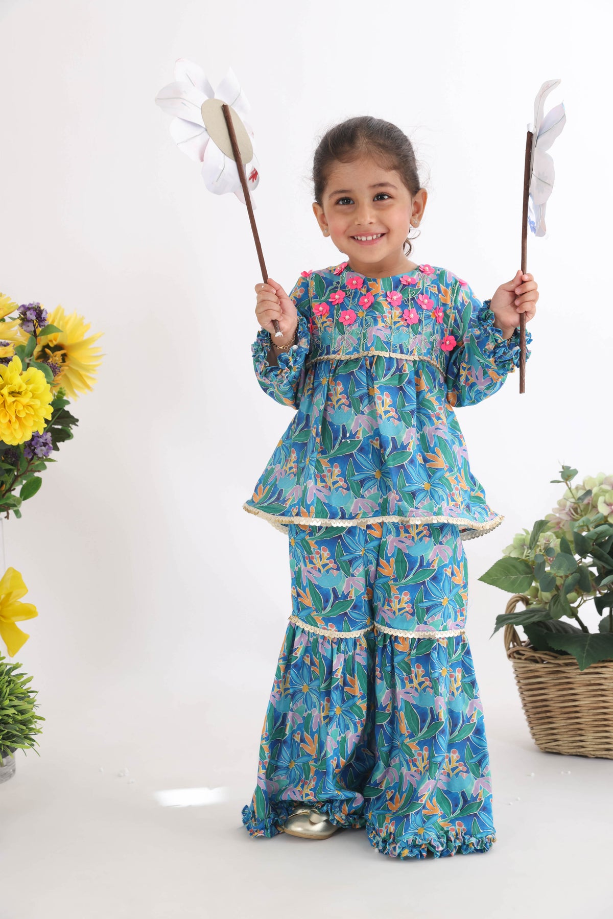 Dark Blue Floral Top With Floral Sequence Embroidery And Sharara In Printed Muslin