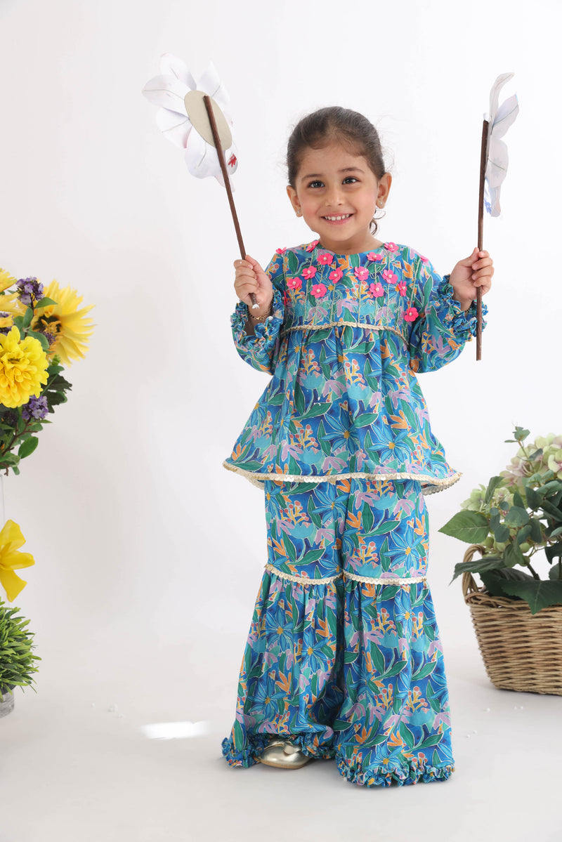 Dark Blue Floral Top With Floral Sequence Embroidery And Sharara In Printed Muslin