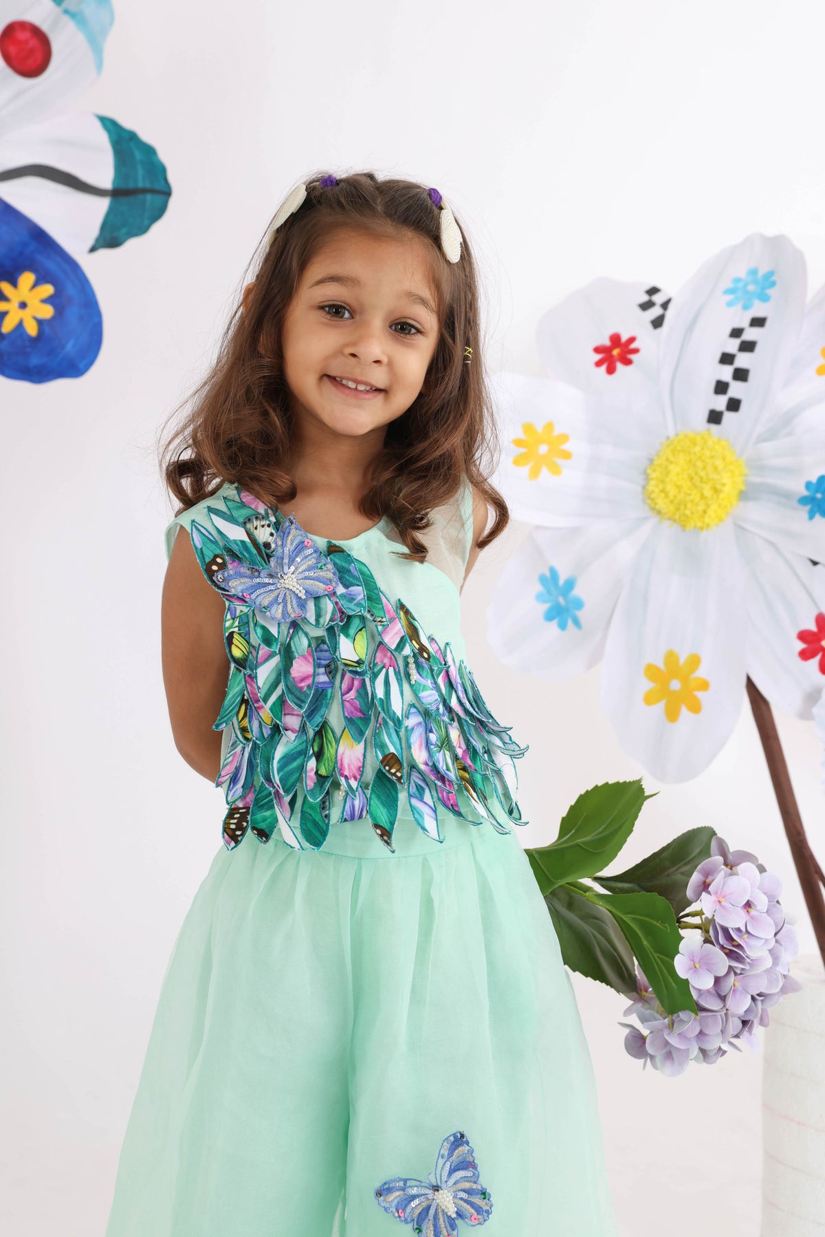 Mint Green Top With Printed Leaves Cutwork And Butterflies With Organza Palazzo