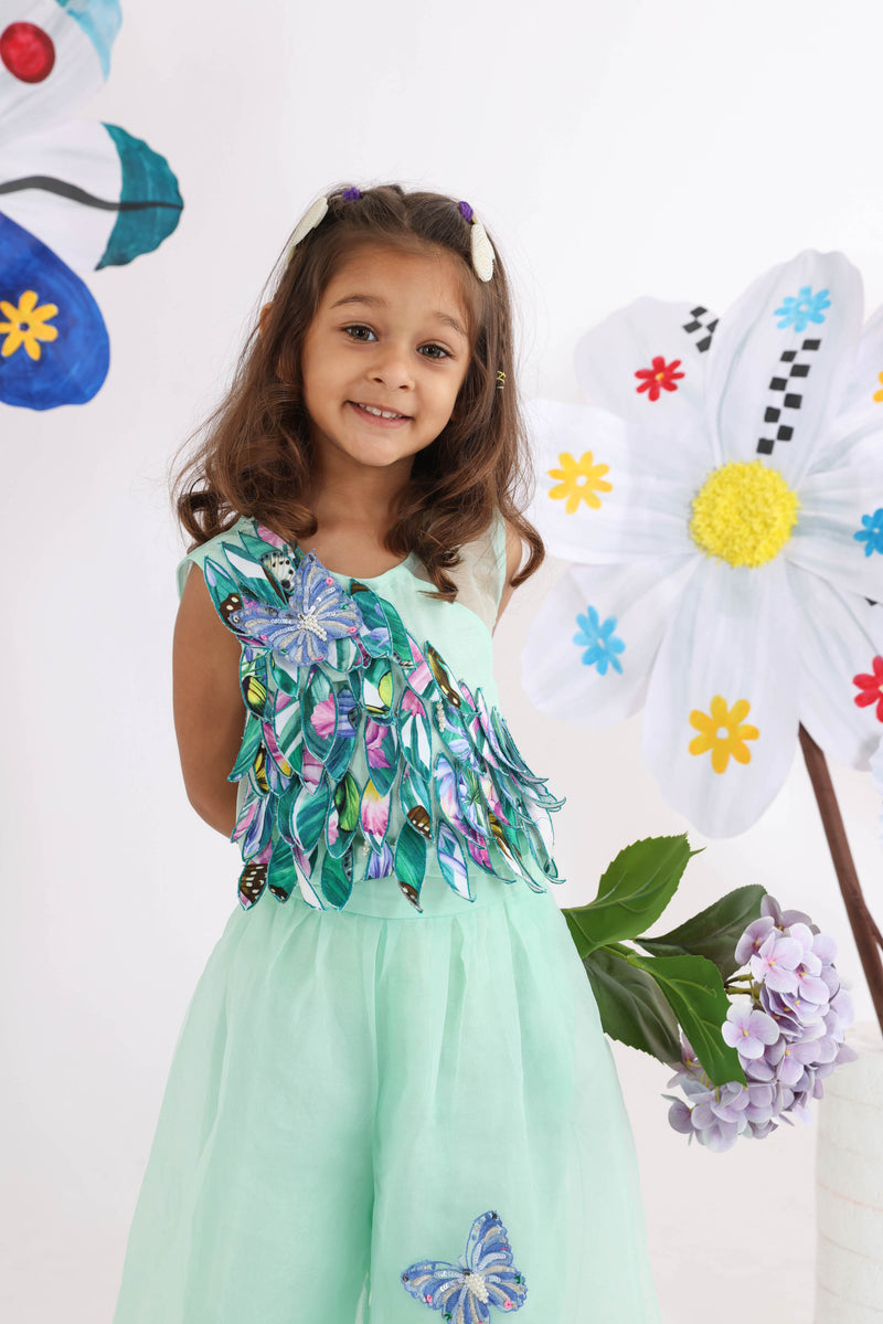 Mint Green Top With Printed Leaves Cutwork And Butterflies With Organza Palazzo