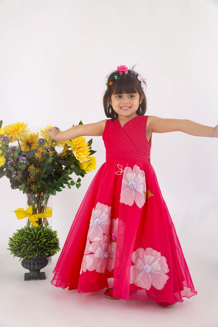 Pink Organza Gown With Pleated Yoke 3D Floral Cutwork And Floral Embroidery