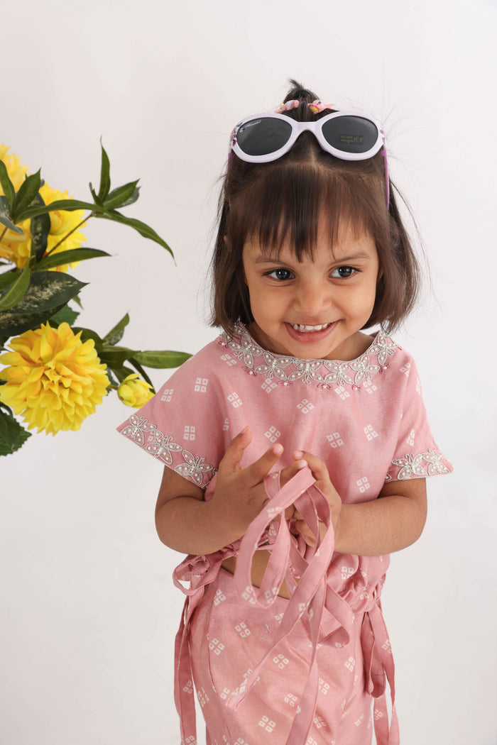 Pink Printed Bandhani Top With Threadwork And Pearls Embroidery With Drawstrings And Palazzos With Lace