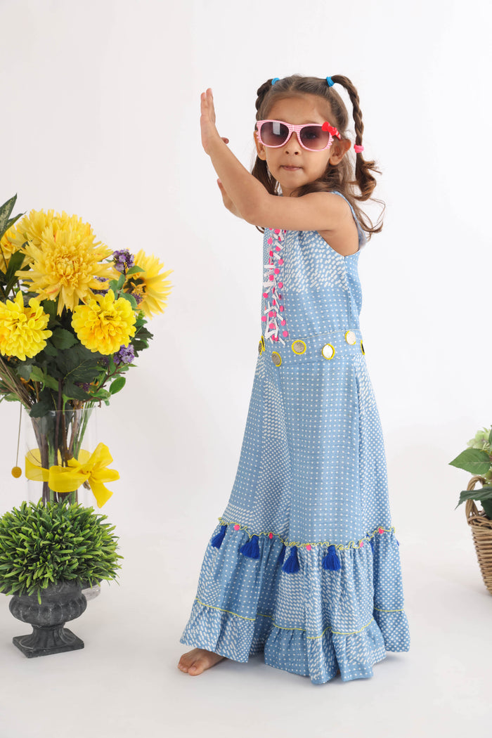 Printed Silk Layered Blue Jumpsuit With Sequence Embroidered Yolk
