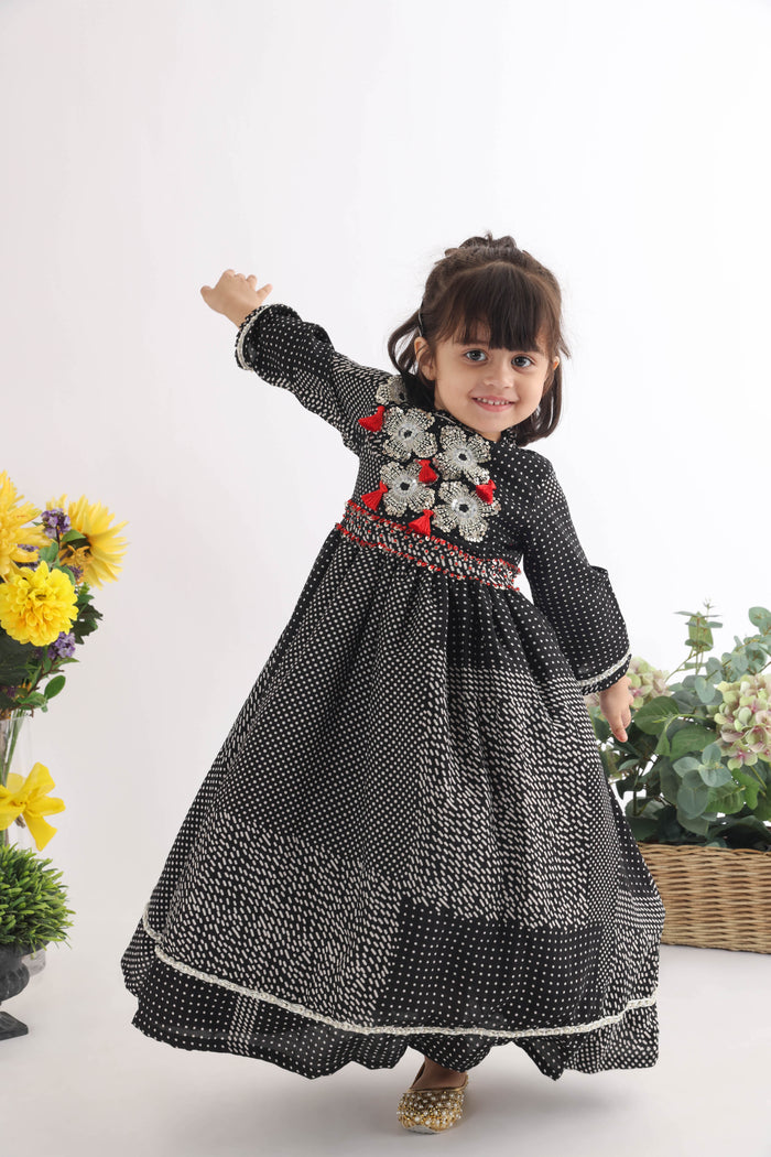 Elegant Black Silk Printed Anarkali With Embroidered Floral Cutwork