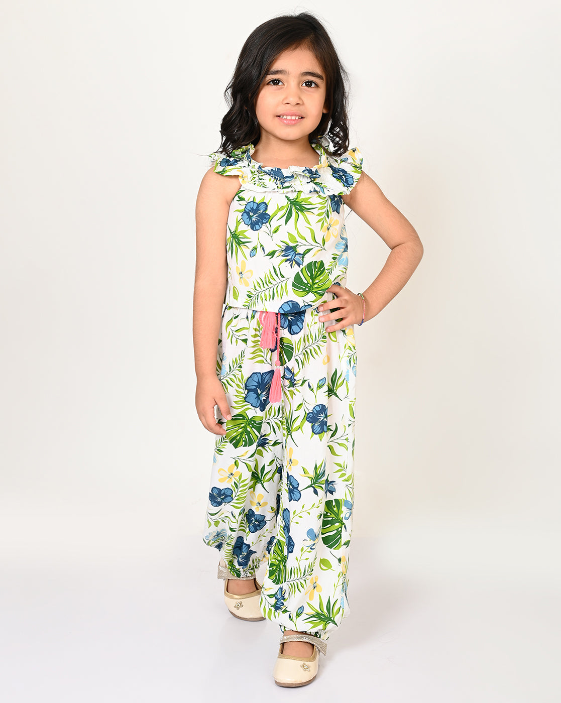 Sassy Boho Girls Green Crop Top With Joggers Set From The Sibling Collection