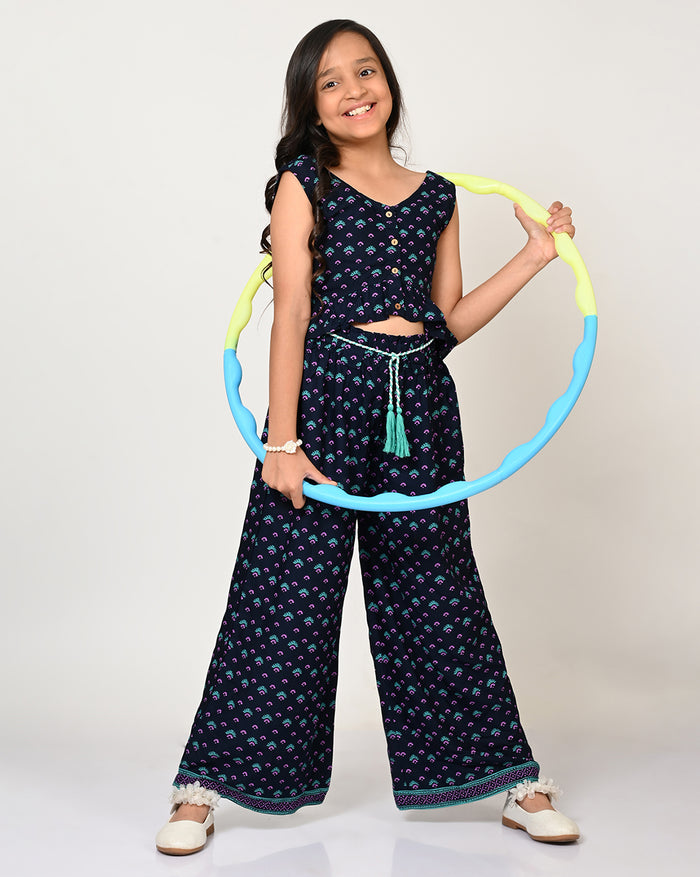 Sassy Boho Girls Blue Crop Top With Palazzo Set From The Sibling Collection
