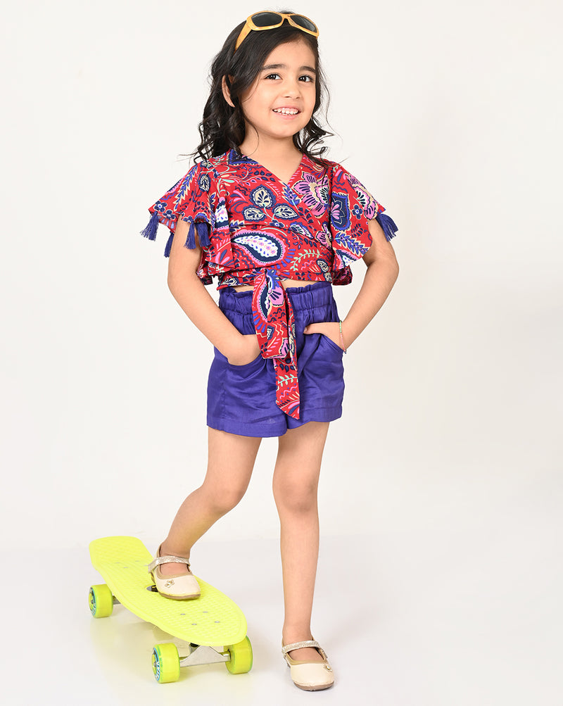 Sassy Boho Girls Purple Crop Top With Shorts Set From The Sibling Collection