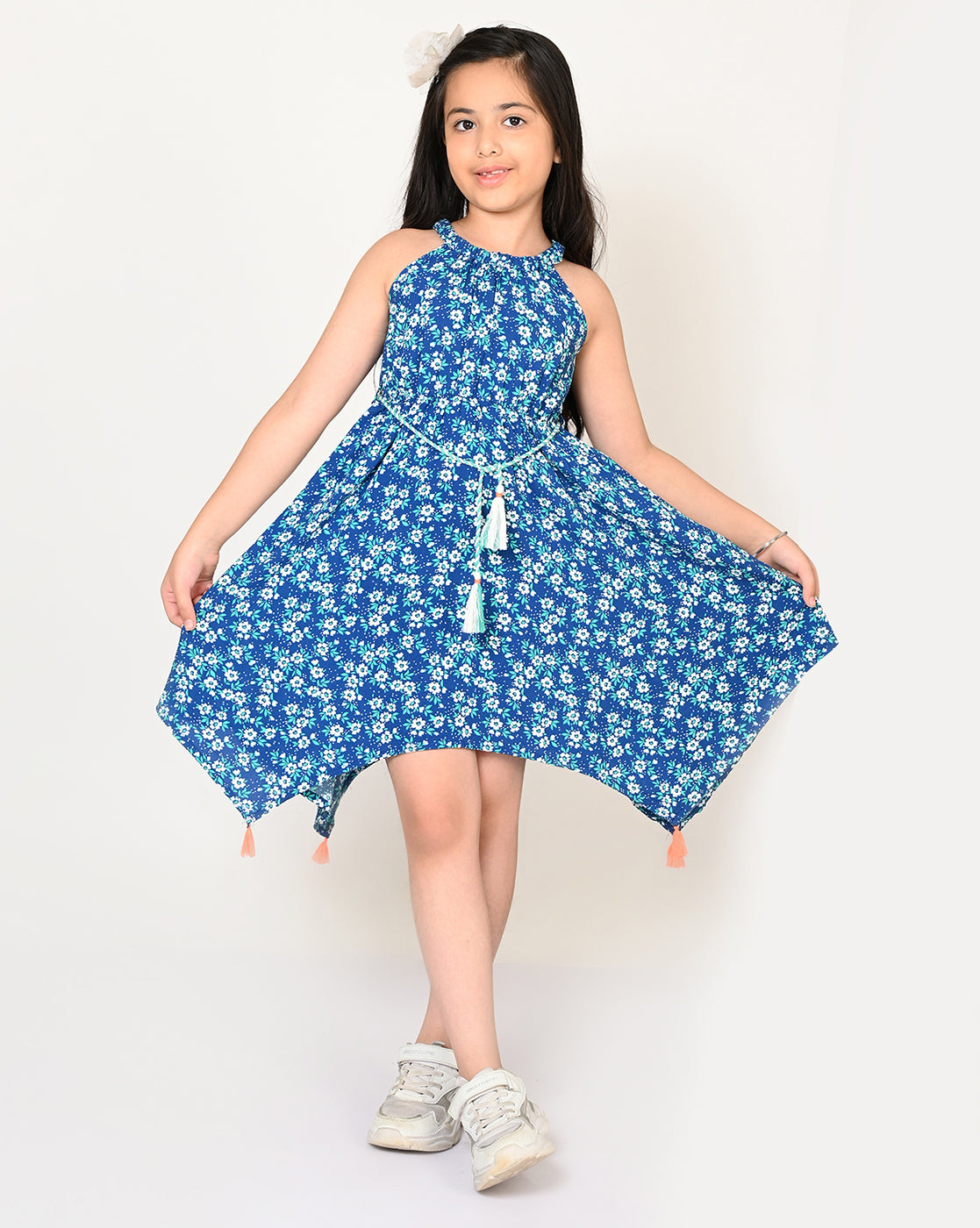 Sassy Boho Girls Blue Hanky Hem Dress From The Sibling Collection