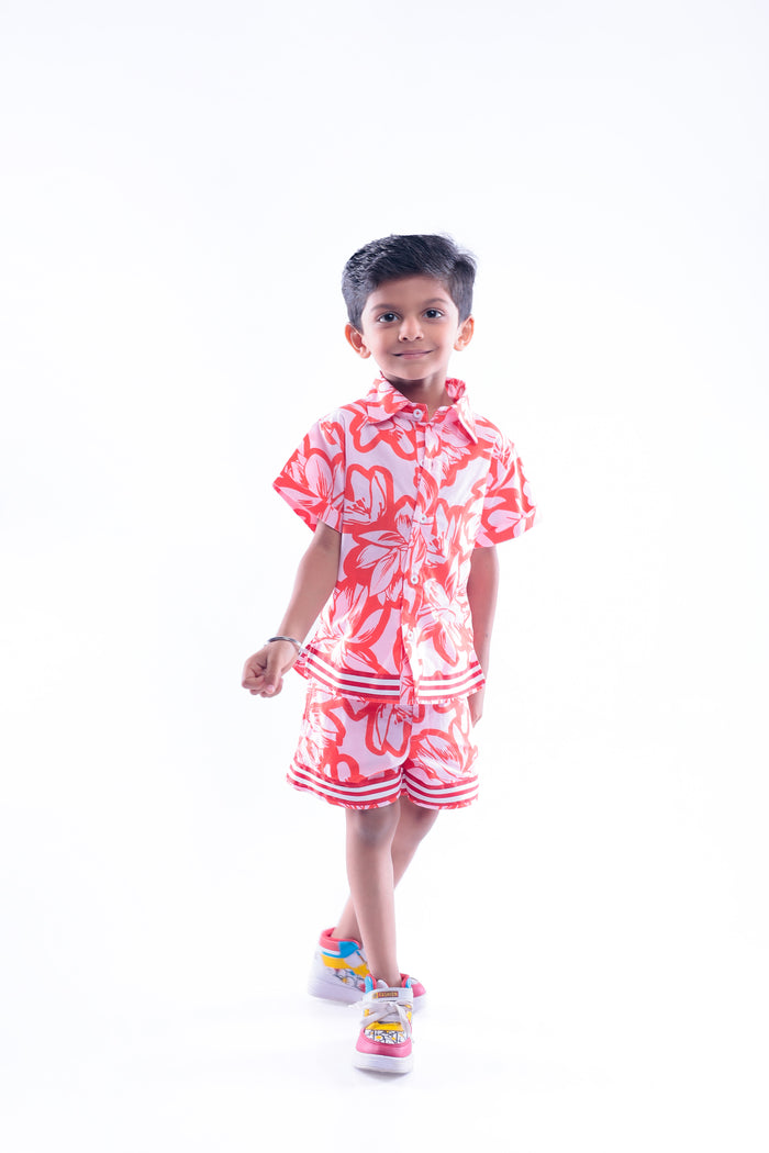 Red and Pink Floral Print Shirt and Shorts