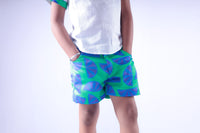 White Shirt with Blue Green Lemon Shorts