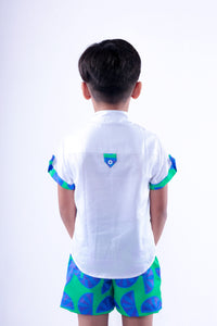 White Shirt with Blue Green Lemon Shorts