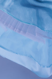 sky blue dress with purles work in chloi and feathers with head band and detachable bow