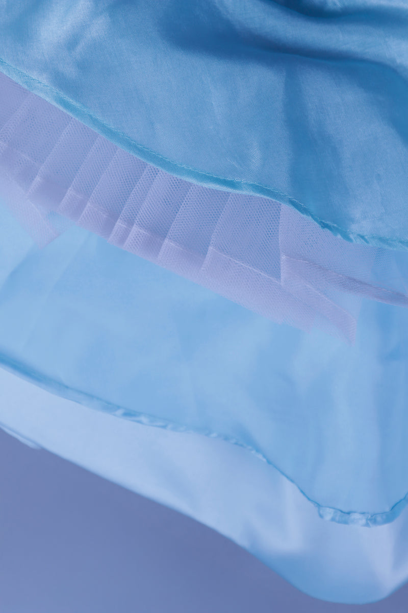 sky blue dress with purles work in chloi and feathers with head band and detachable bow