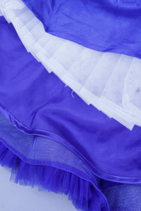 Blue one shoulder high low dress with matching head band and detachable bow