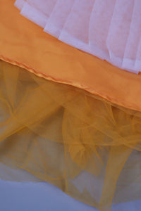 yellow full length gown with head band and detachable bow