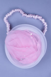 Embellised layered lilac dress with detachable trail and bow with swirled bowie hairband
