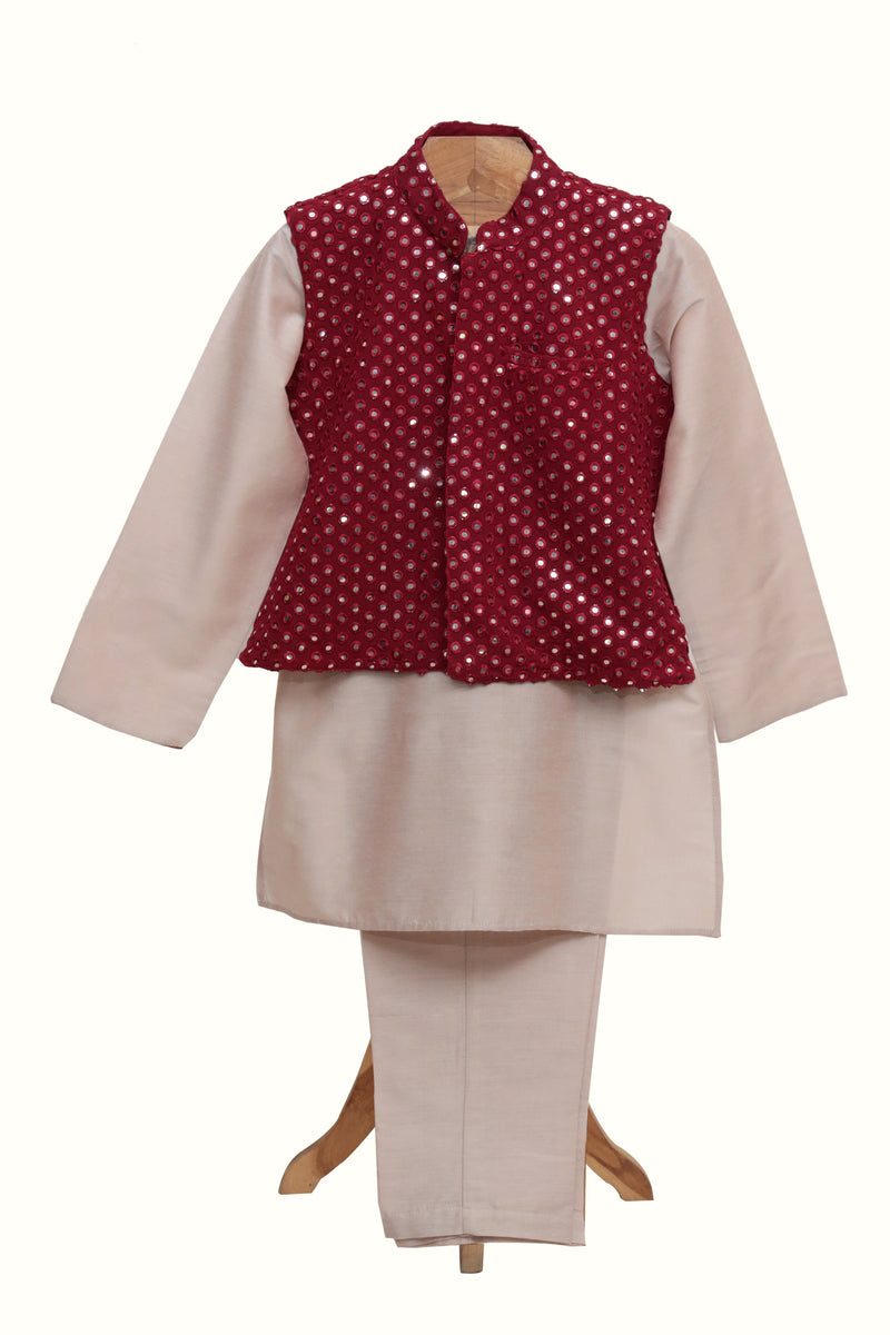 Cotton Silk Kurta Pyjama And Mirror Work Jacket