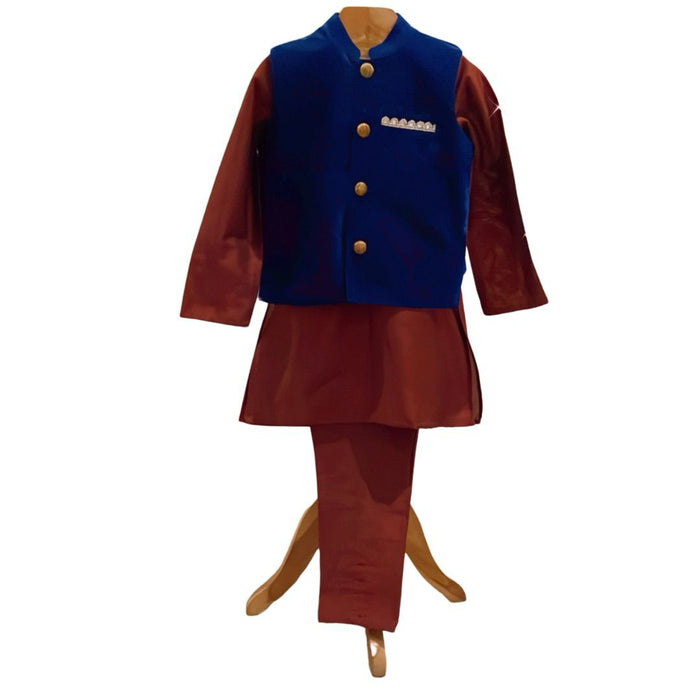 Cotton Silk Kurta Pyjama with Blue Velvet Jacket