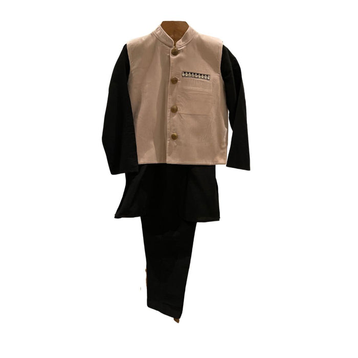 Cotton Silk Kurta Pyjama with Salmon Pink Velvet Jacket